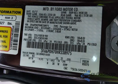 2017 Ford Fusion Se из США, поврежденный, VIN 3FA6P0H70HR338975